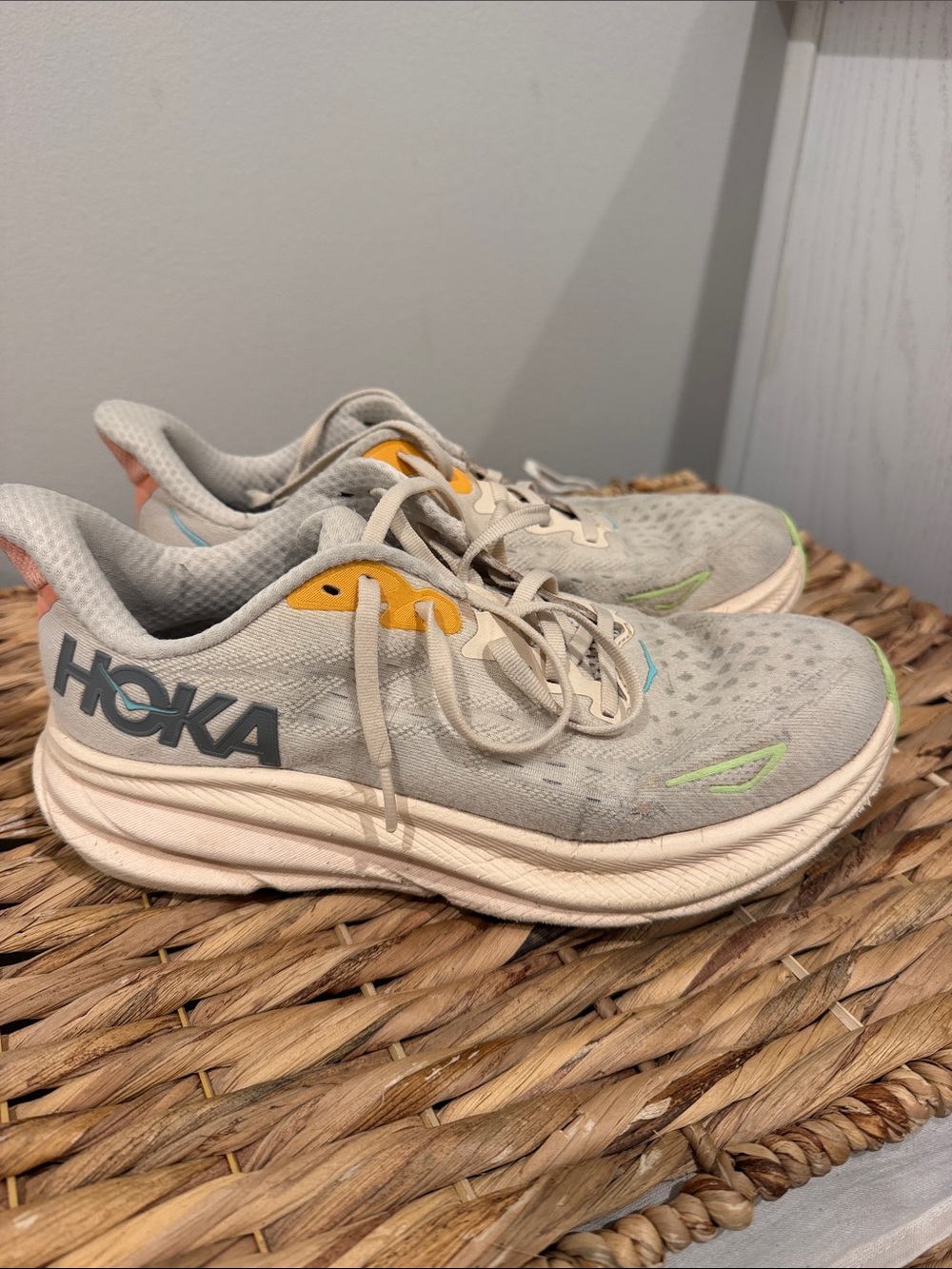 Hoka Women's Cream Sneakers with Yellow and Lime Accents